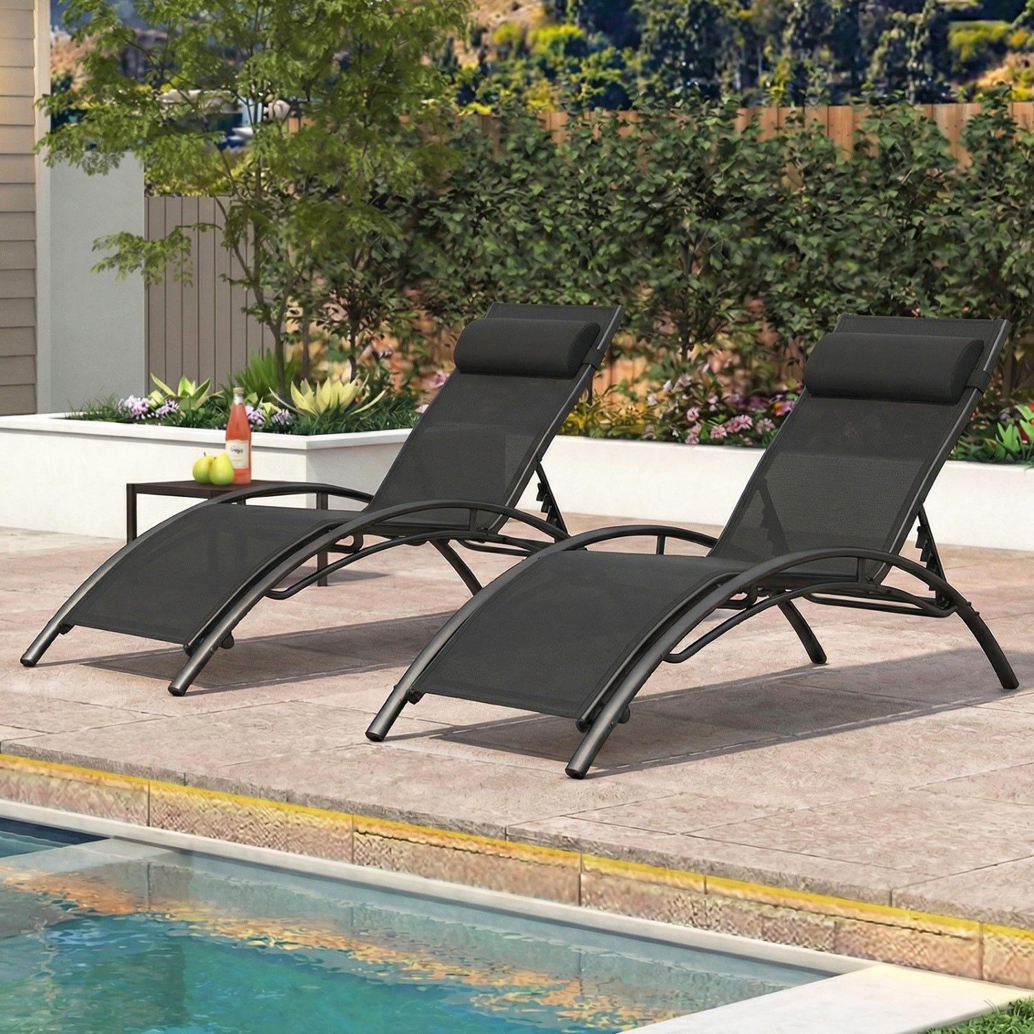 Patio Chaise Lounges Set of 2 Outdoor Recliner with 5-Position Backrest-Black