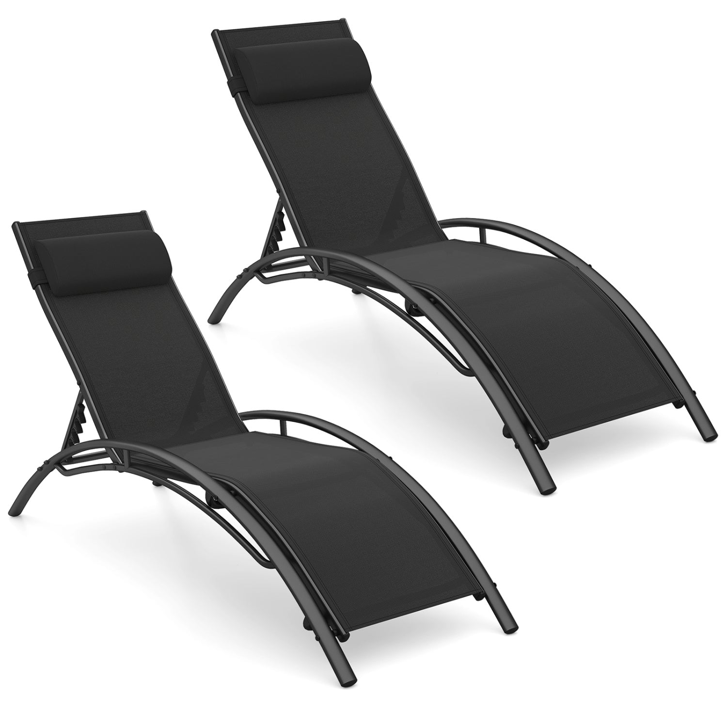 Patio Chaise Lounges Set of 2 Outdoor Recliner with 5-Position Backrest-Black