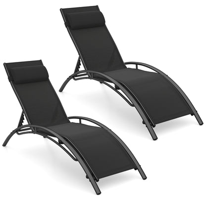 Patio Chaise Lounges Set of 2 Outdoor Recliner with 5-Position Backrest-Black