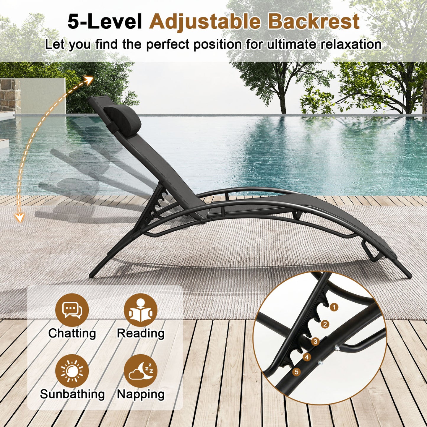 Patio Chaise Lounges Set of 2 Outdoor Recliner with 5-Position Backrest-Black