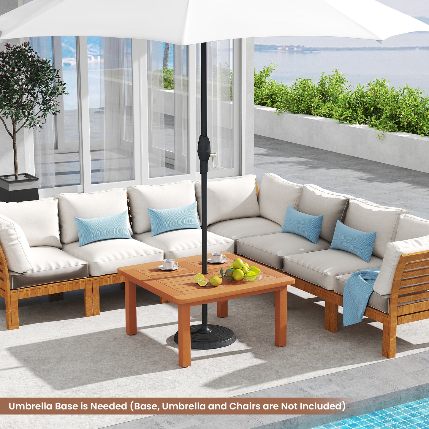 Patio Coffee Table with Umbrella Hole and Teak Oil Finish