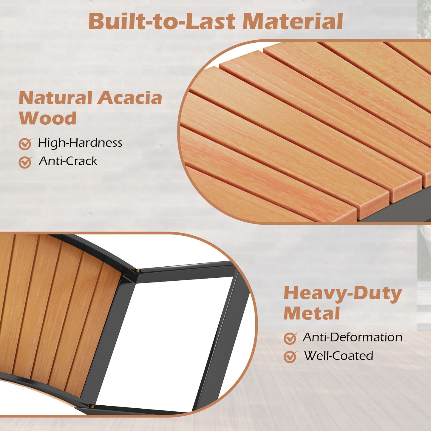 Patio Curved Bench with Slatted Seat and Metal Legs-2 Pieces
