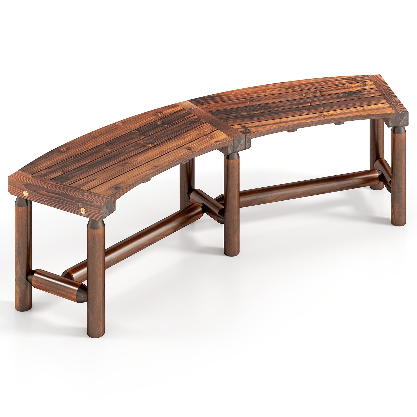 Patio Curved Bench Solid Wood Fire Pit Bench Outdoor Backless Loveseat-Rustic Brown