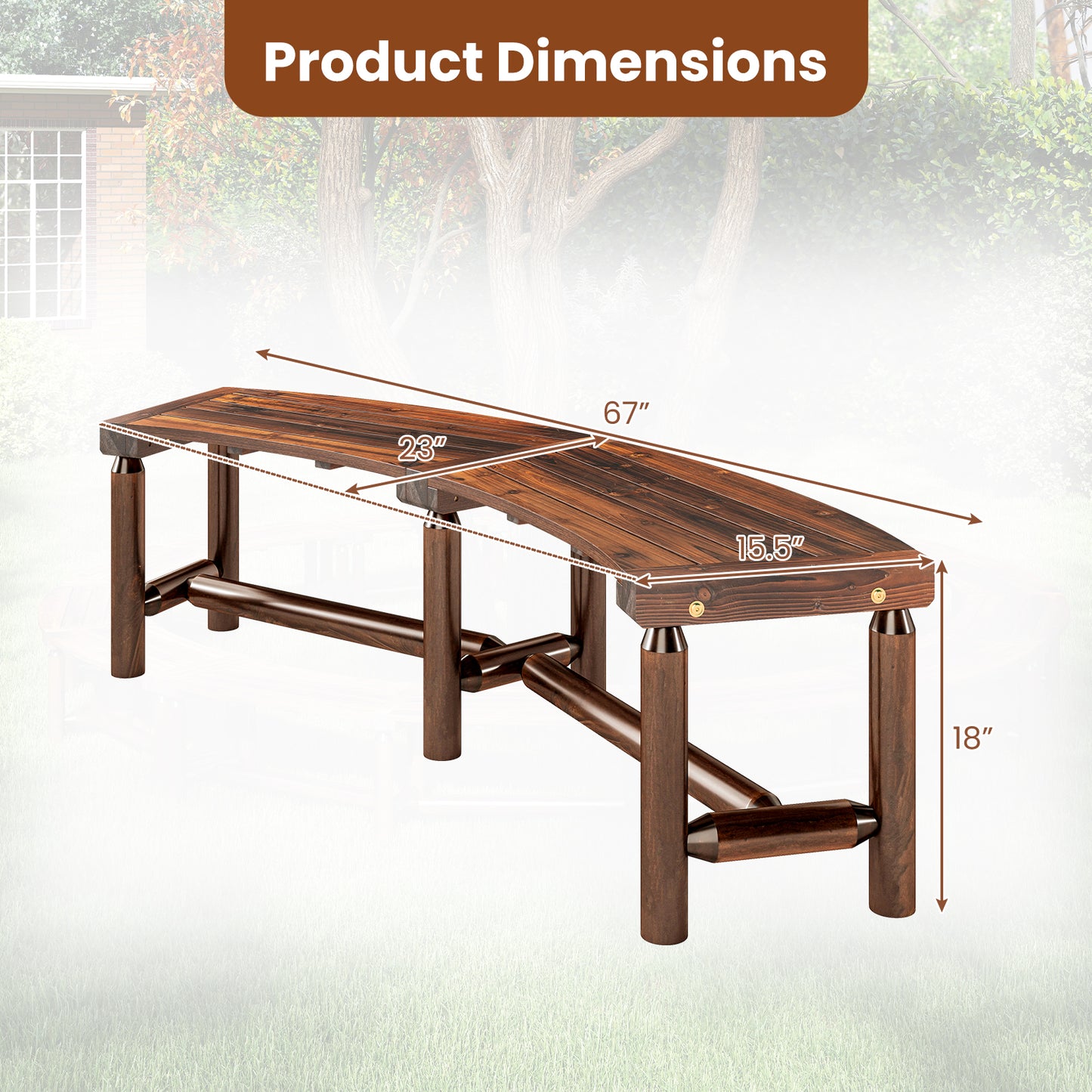 Patio Curved Bench Solid Wood Fire Pit Bench Outdoor Backless Loveseat-Rustic Brown