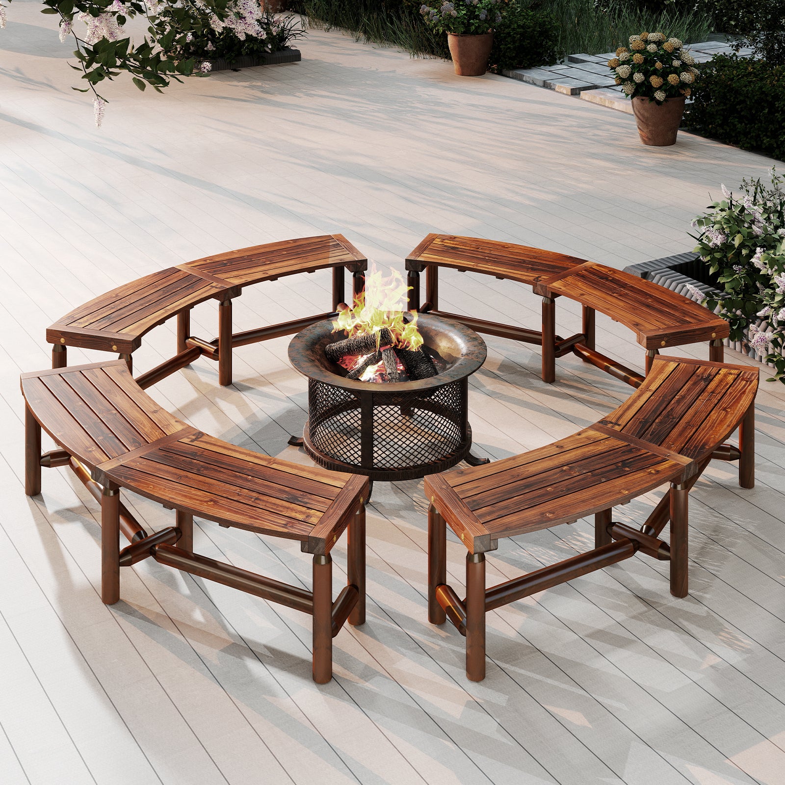 Patio Curved Bench Solid Wood Fire Pit Bench Outdoor Backless Loveseat-Rustic Brown