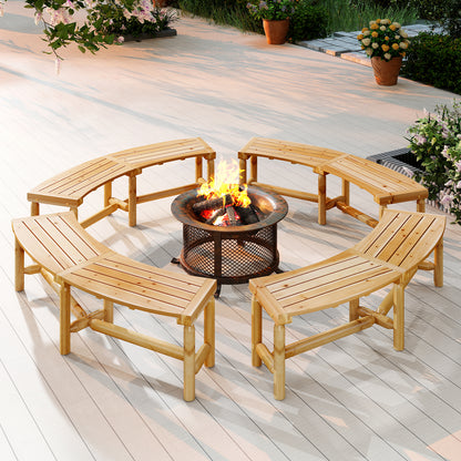 Patio Curved Bench Solid Wood Fire Pit Bench Outdoor Backless Loveseat-Natural