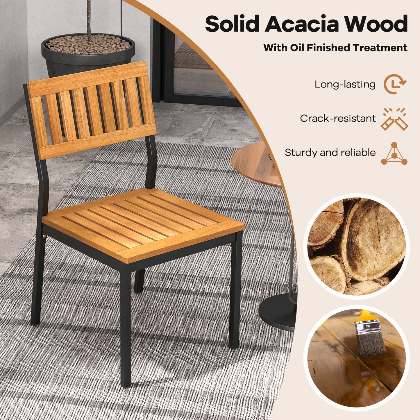 Patio Dining Chair Set of 2 with Metal and Acacia Wood Frame