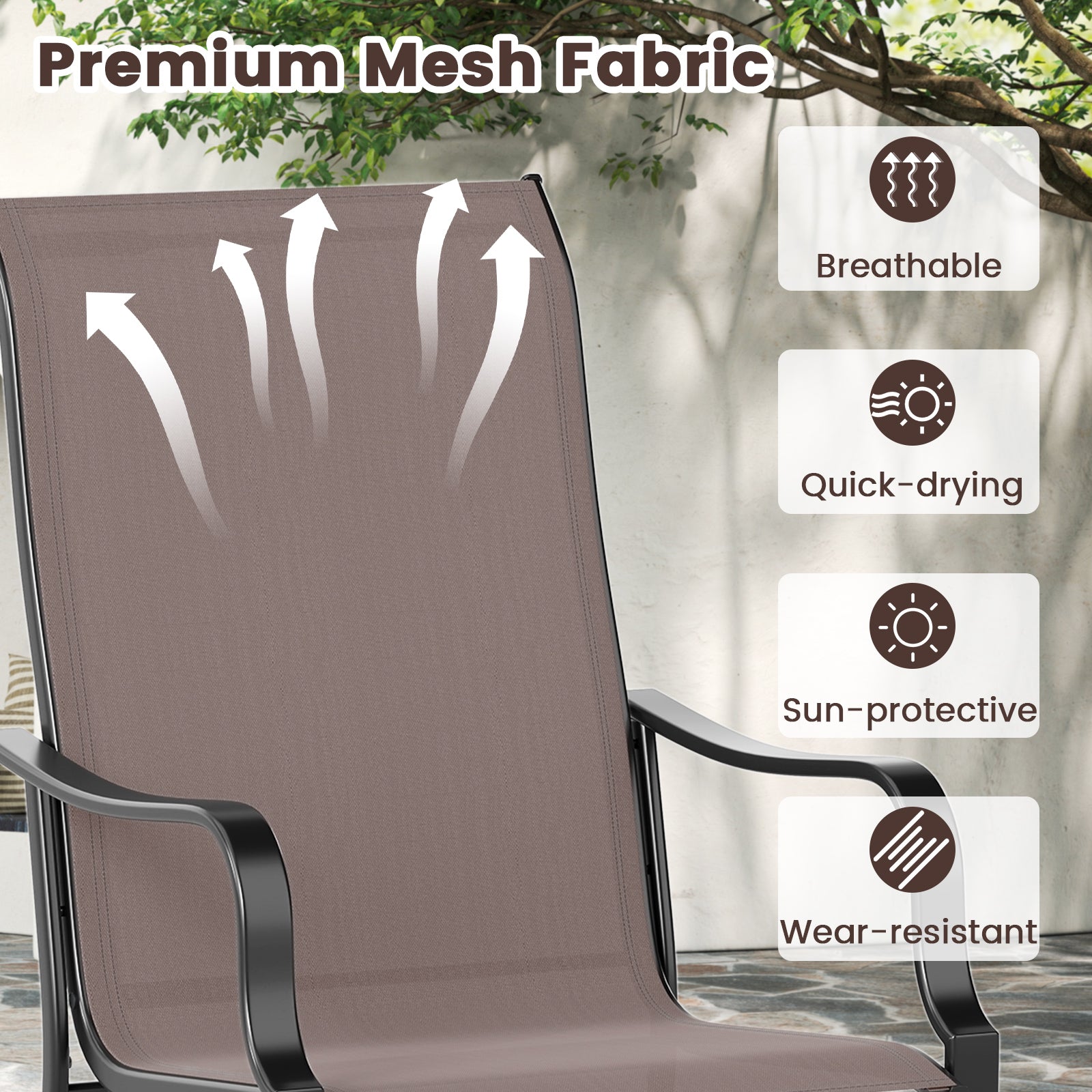 Patio Dining Chair Set of 2 with Wide Seat and Heavy-Duty Metal Frame-Brown