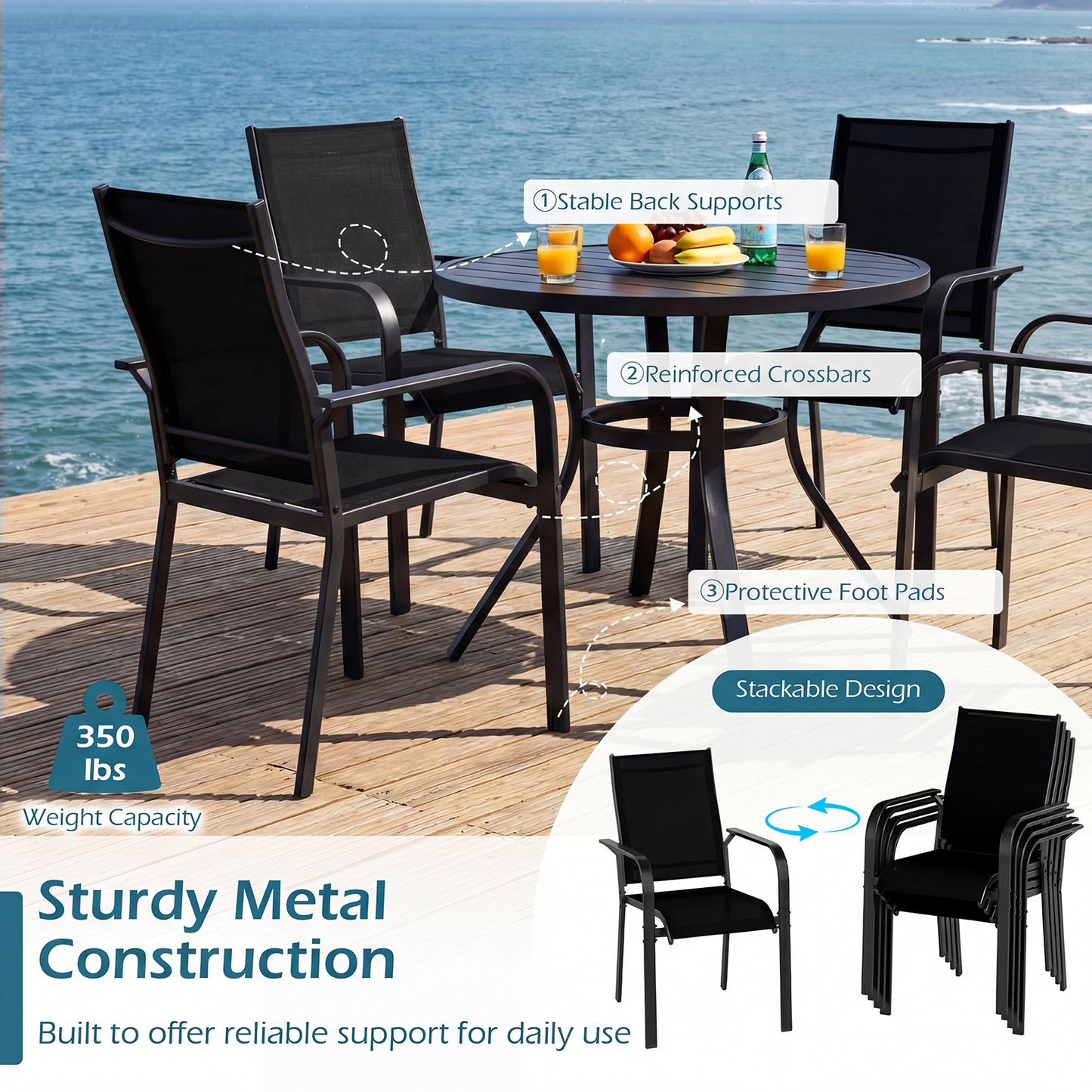 Patio Dining Chairs Set of 2/4/6 Stackable Outdoor Armchairs with Metal Frame-Set of 4