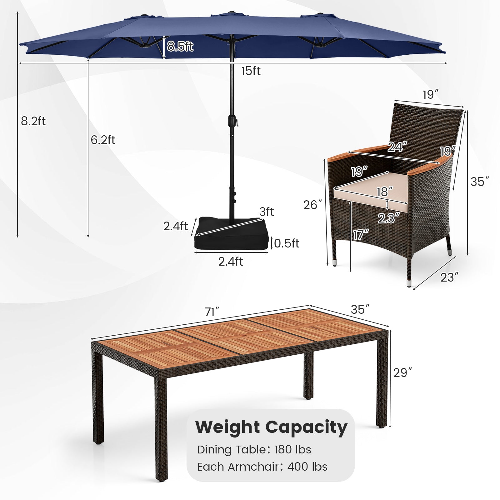 11 Pieces Patio Dining Set with 15 Feet Double-Sided Patio Umbrella and Base-Navy