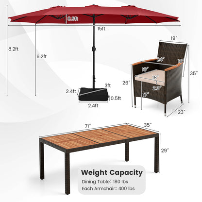 11 Pieces Patio Dining Set with 15 Feet Double-Sided Patio Umbrella and Base-Wine