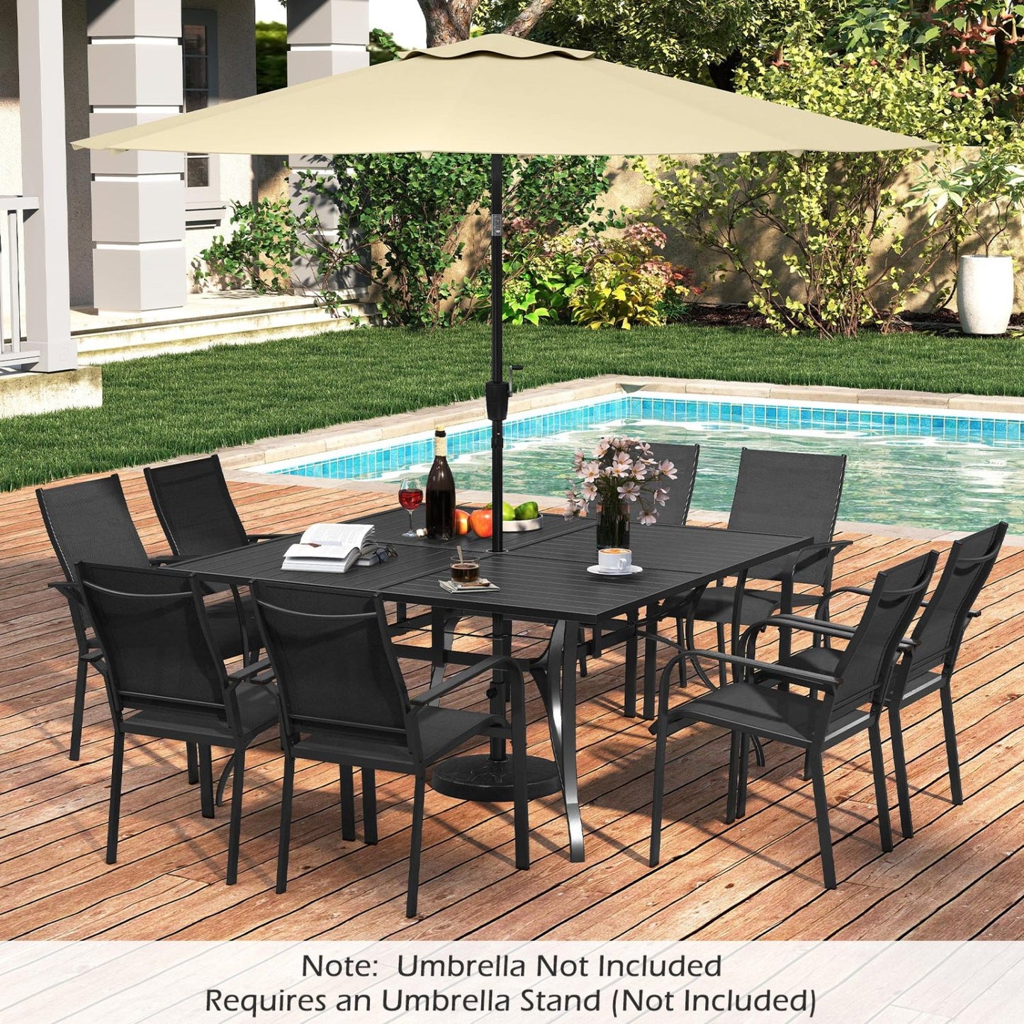 Patio Dining Table for 8 with Umbrella Hole for Porch Lawn