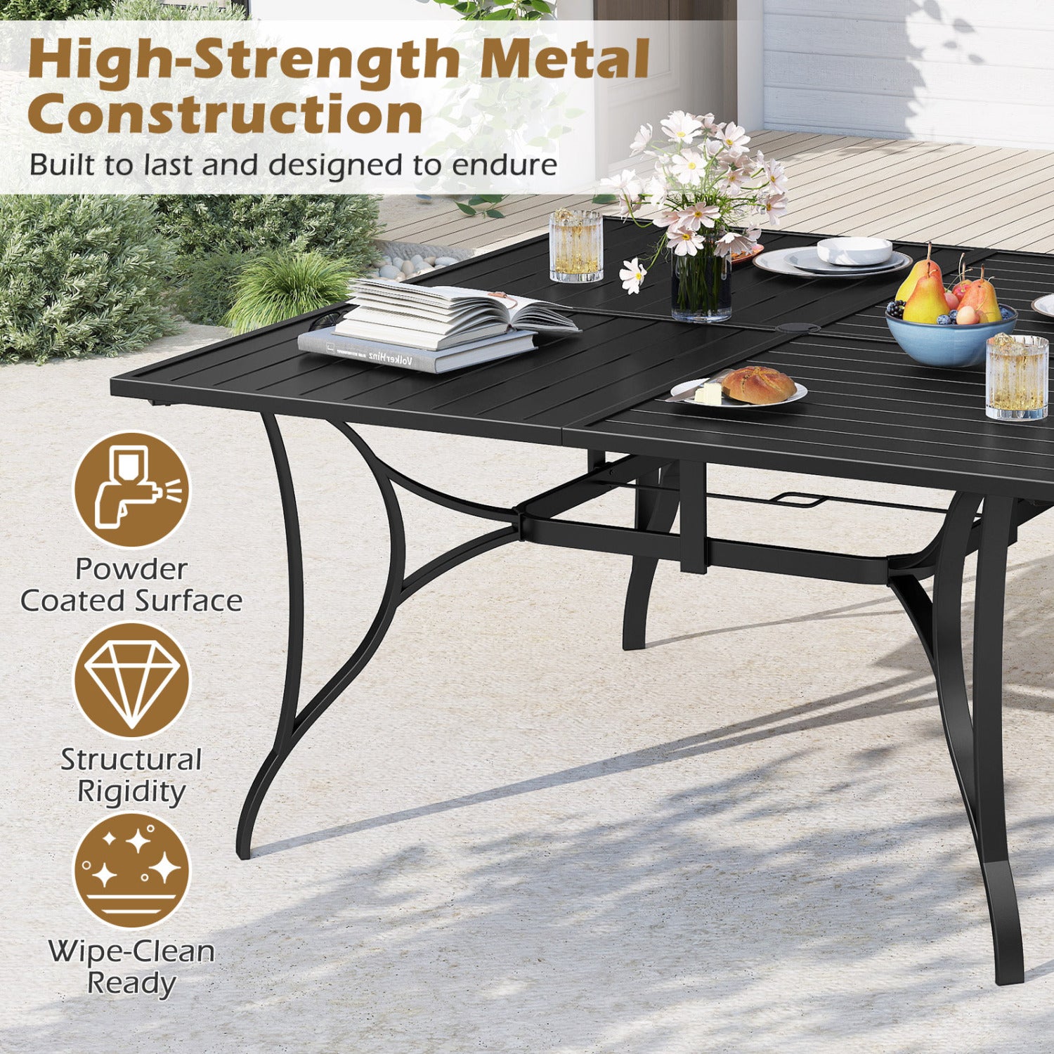 Patio Dining Table for 8 with Umbrella Hole for Porch Lawn