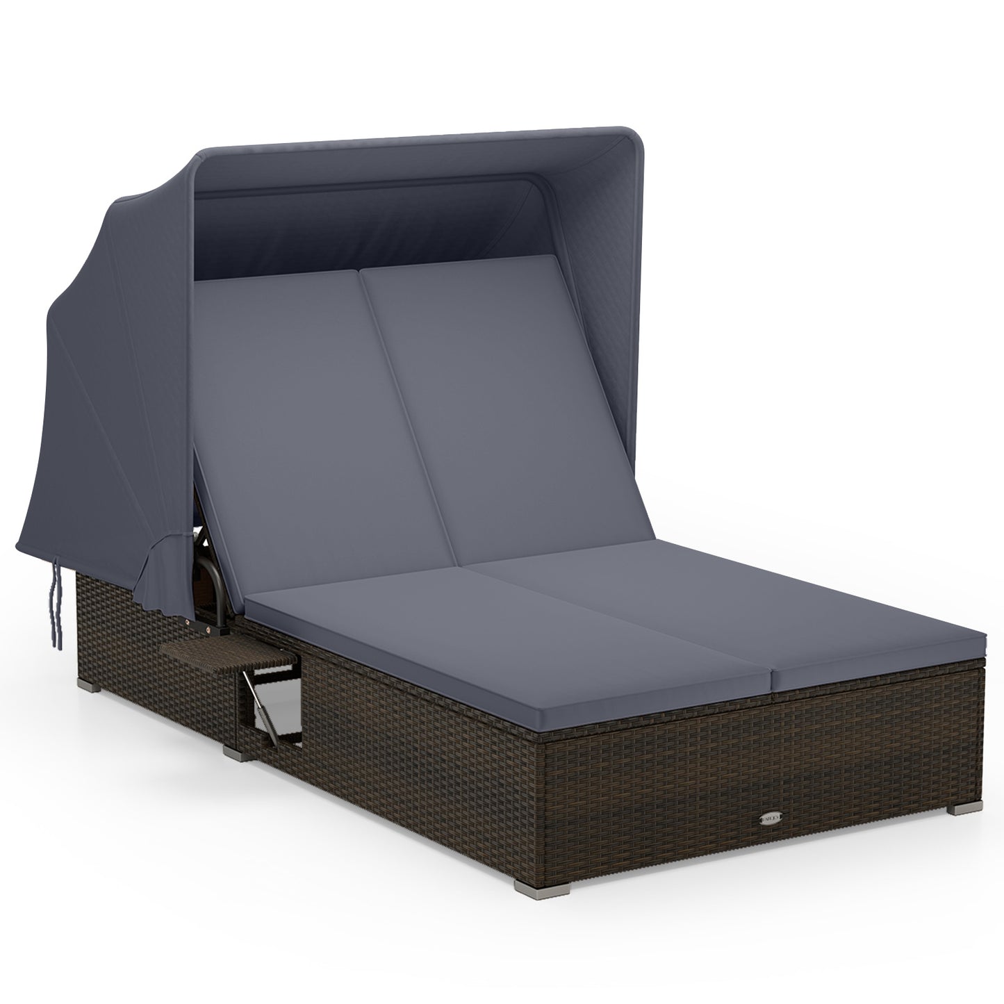 Patio Double Chaise Lounge with Shade Cushions and Folding Side Trays-Gray
