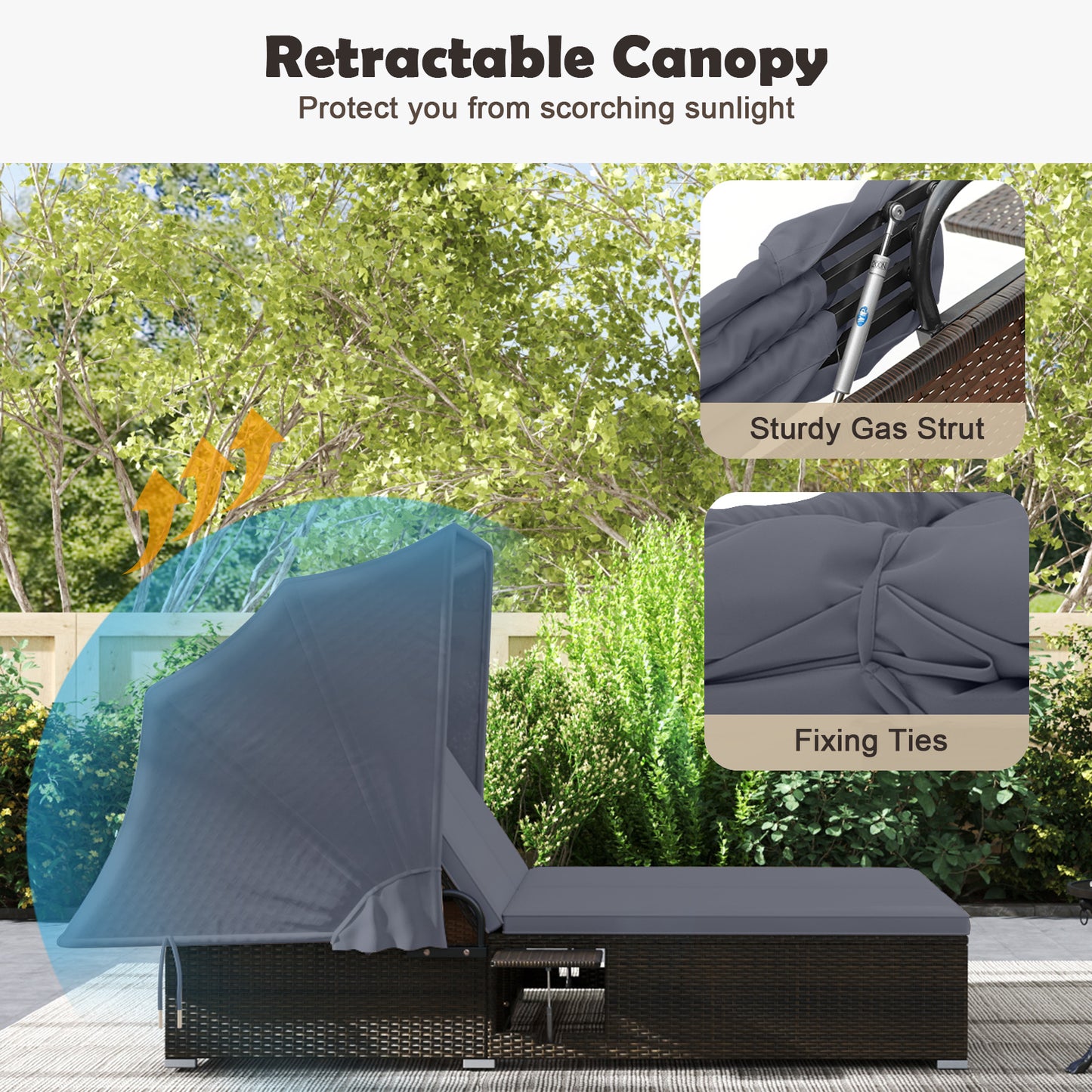 Patio Double Chaise Lounge with Shade Cushions and Folding Side Trays-Gray