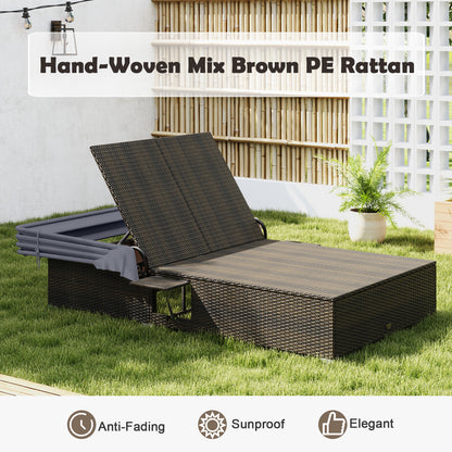 Patio Double Chaise Lounge with Shade Cushions and Folding Side Trays-Gray
