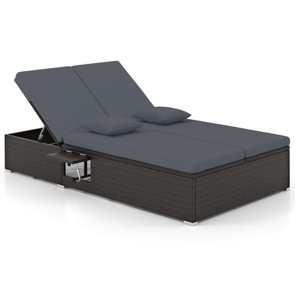 Patio Double Chaise Lounge with Cushions and Folding Side Trays-Gray - Gray