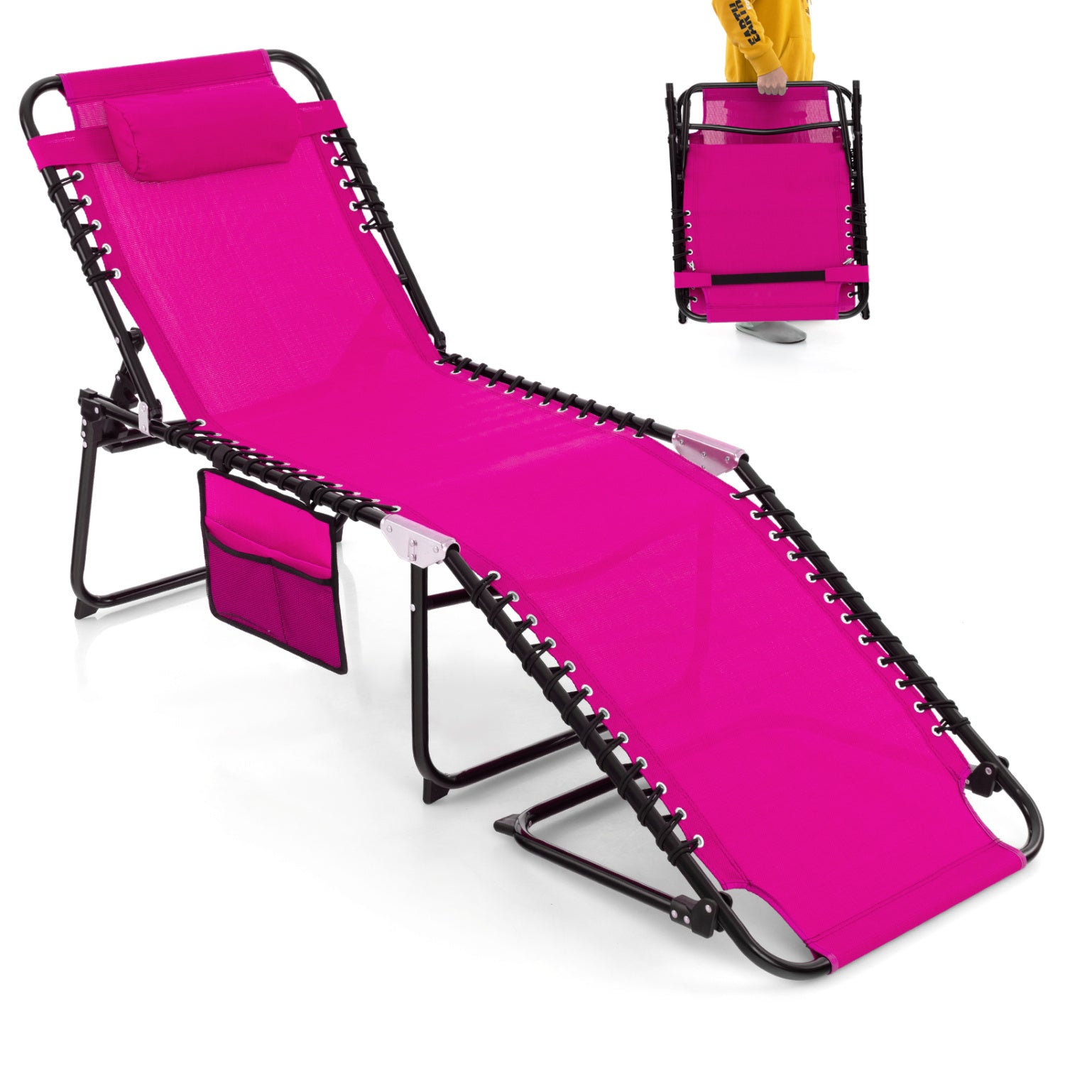 Foldable Recline Lounge Chair with Adjustable Backrest and Footrest-Black - Pink