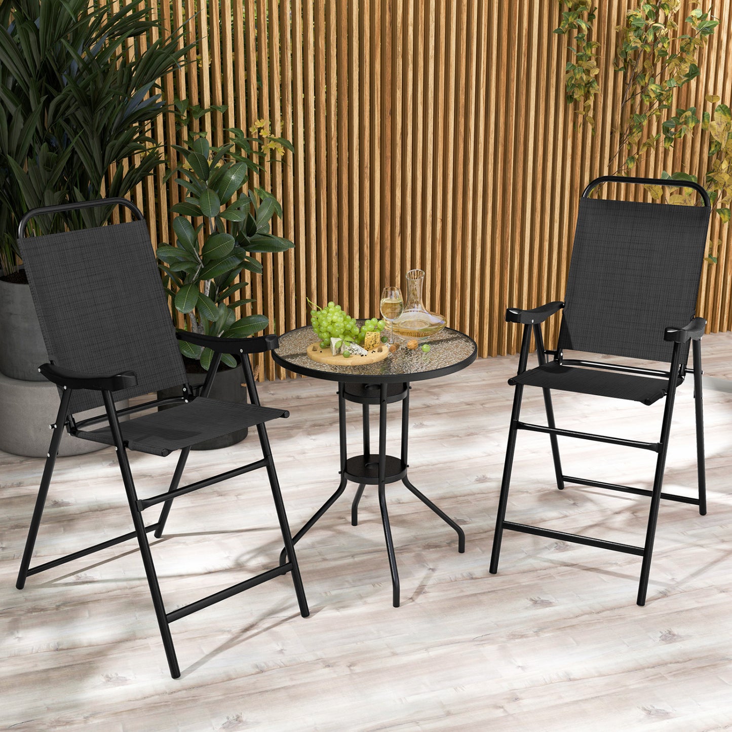 Folding Patio Bar Stool Set of 2 with Footrest - Black