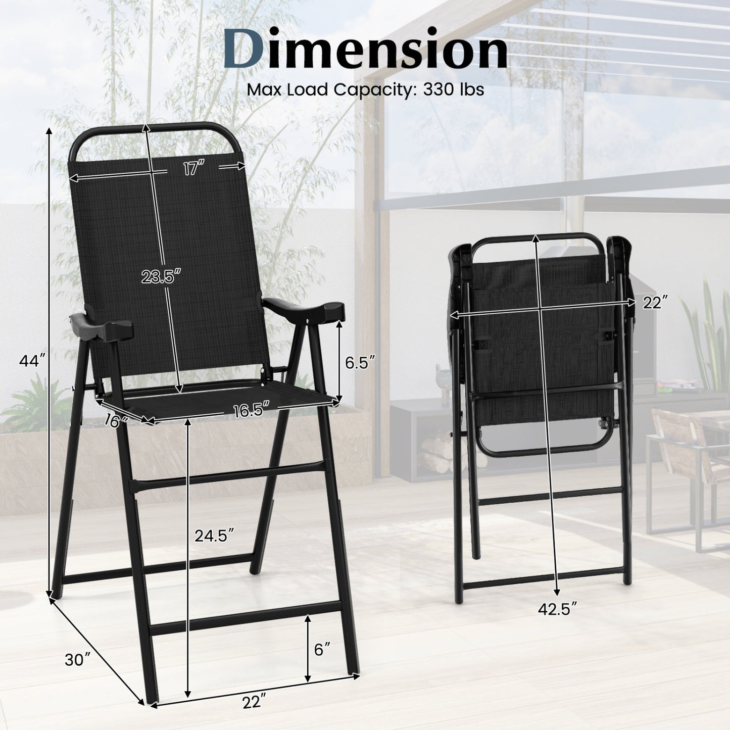Folding Patio Bar Stool Set of 2 with Footrest - Black