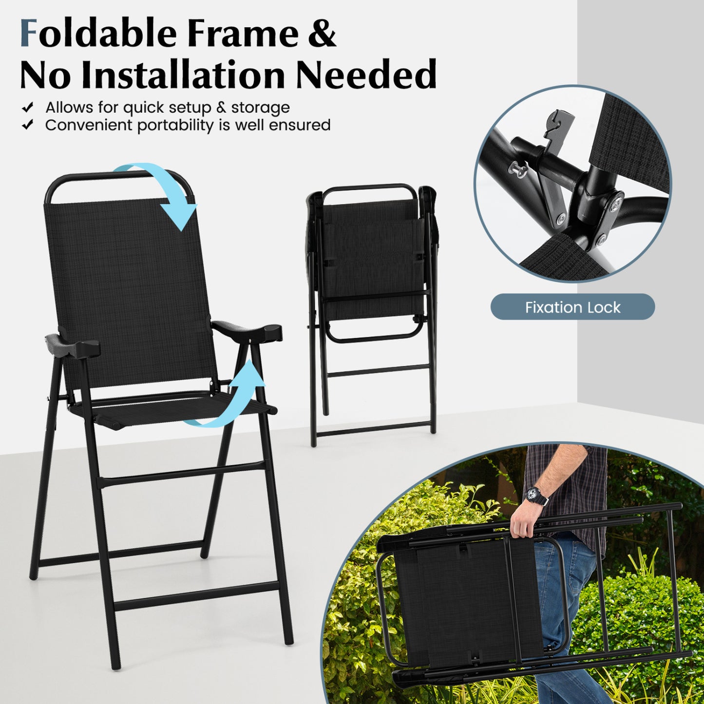 Folding Patio Bar Stool Set of 2 with Footrest - Black