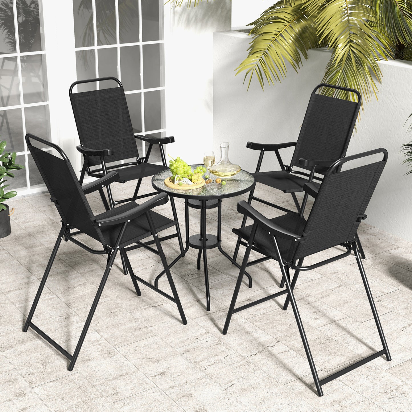 Folding Patio Bar Stool Set of 4 with Metal Frame & Footrest
