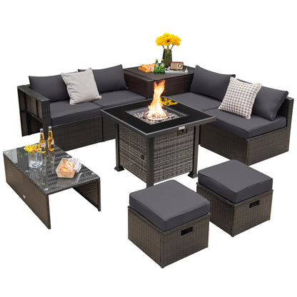 Outdoor 9 Pieces Patio Furniture Set with 50 000 BTU Propane Fire Pit Table-Gray - Gray