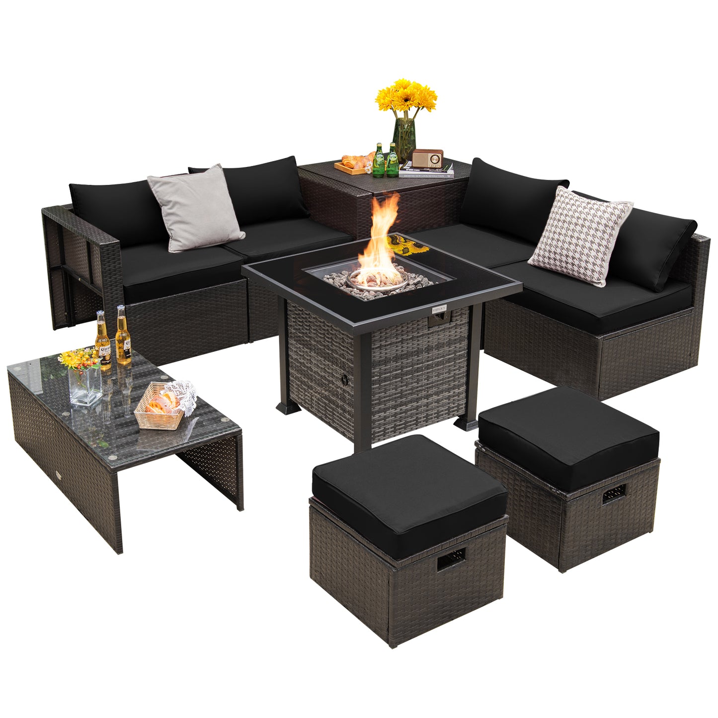 Outdoor 9 Pieces Patio Furniture Set with 50 000 BTU Propane Fire Pit Table-Gray - Black