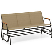 Patio Glider Bench with Curved Teak Armrests and Breathable Fabric Seat for 3 People-Brown
