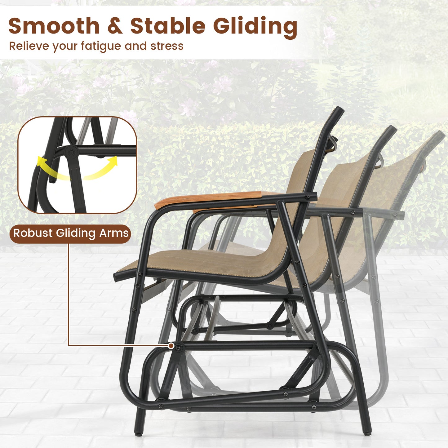 Patio Glider Bench with Curved Teak Armrests and Breathable Fabric Seat for 3 People-Brown