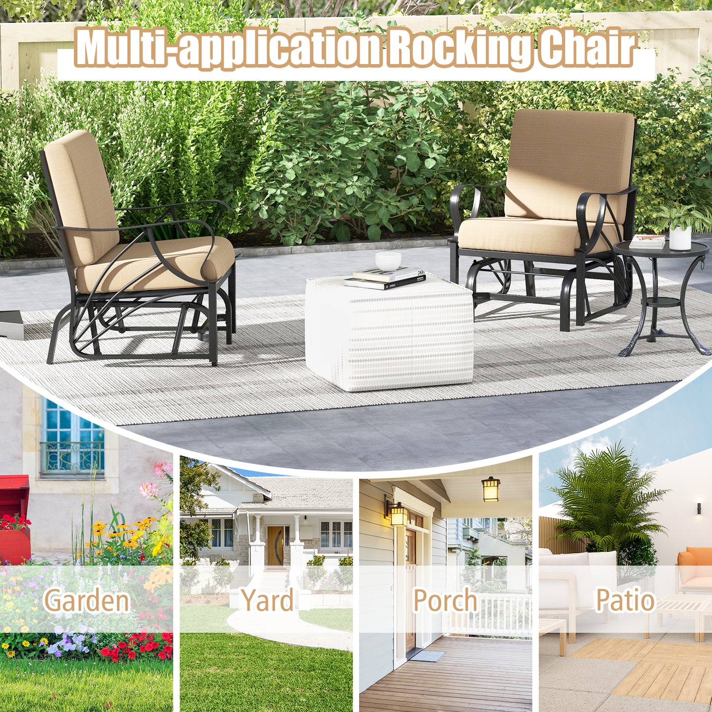 Patio Glider Rocking Chair with Thick Cushion and Curved Armrest