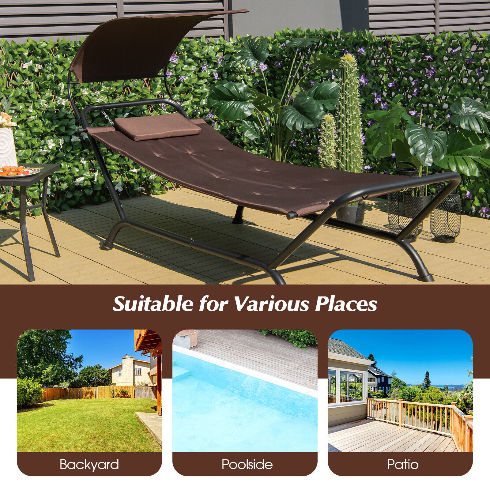 Patio Hanging Chaise Lounge Chair with Canopy Cushion Pillow and Storage Bag-Brown - Brown