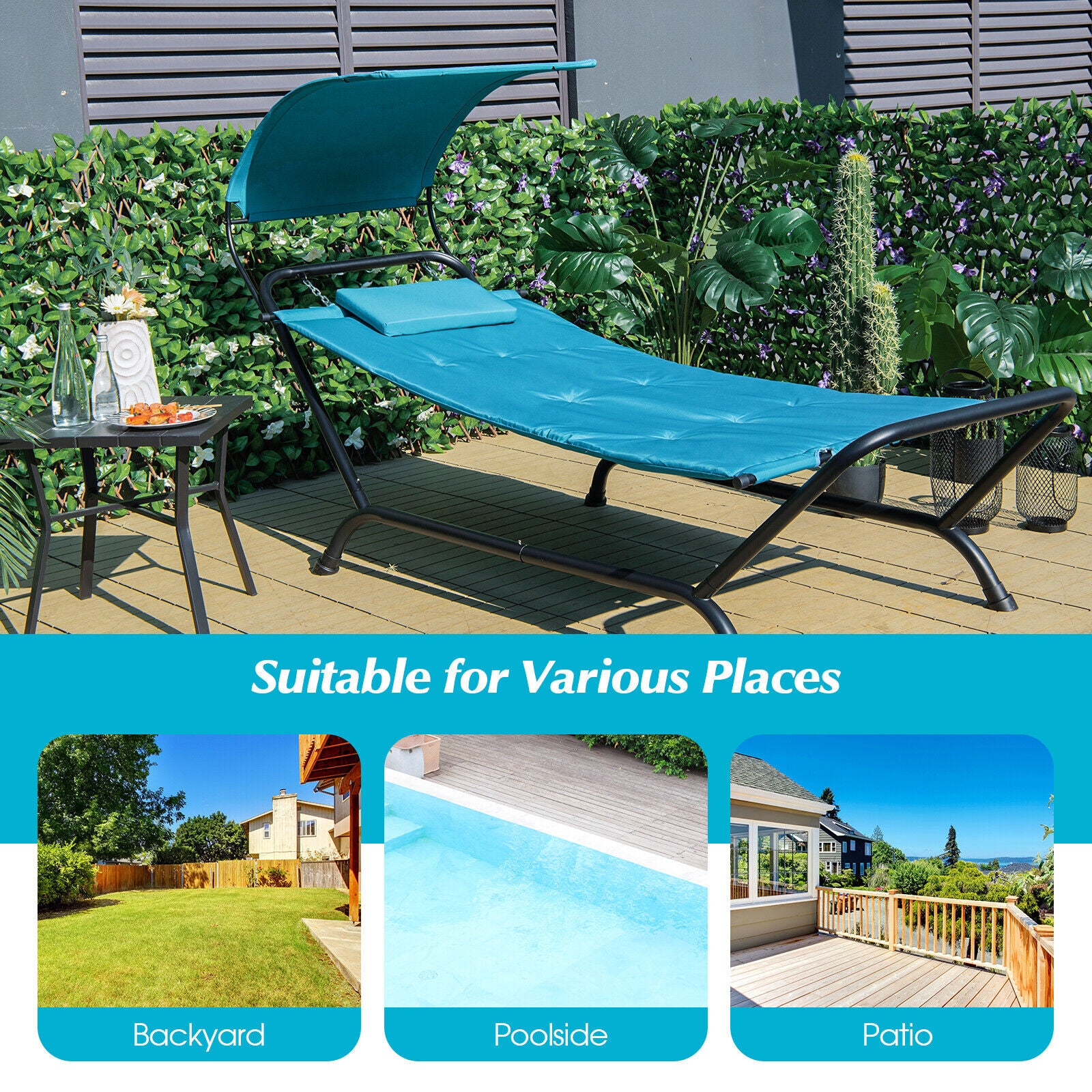 Patio Hanging Chaise Lounge Chair with Canopy Cushion Pillow and Storage Bag-Brown - Navy