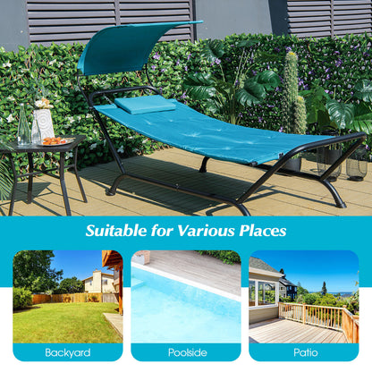 Patio Hanging Chaise Lounge Chair with Canopy Cushion Pillow and Storage Bag-Brown - Navy