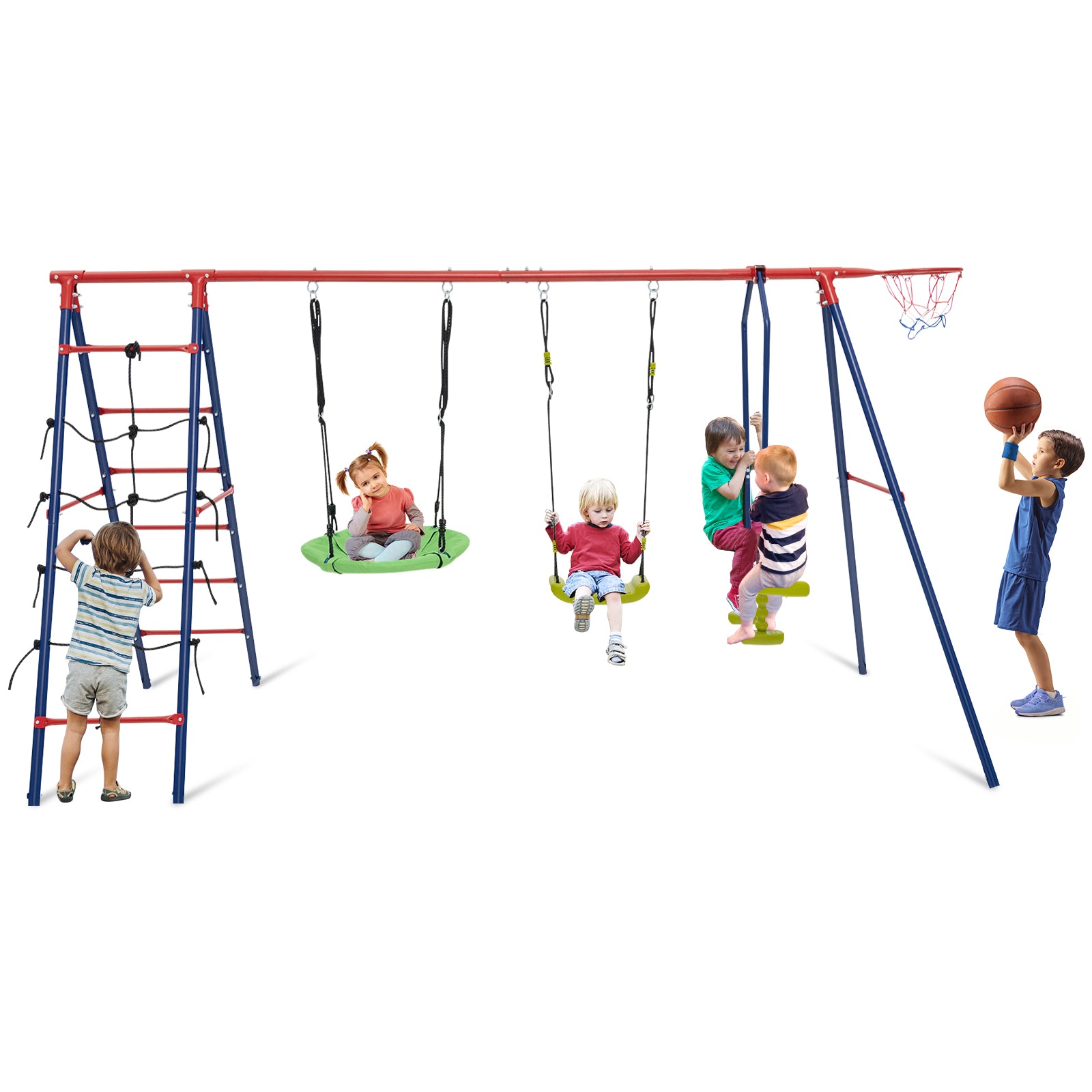 550 LBS 6-in-1 Patio Kids Swing Set with Climbing Net and Ladder-Green - Red