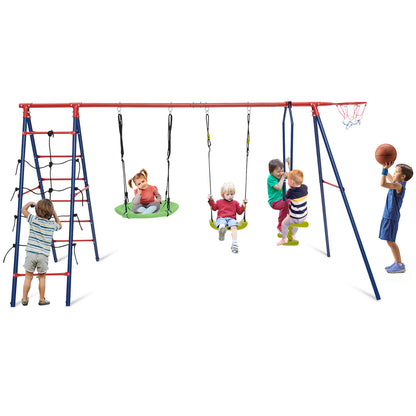 550 LBS 6-in-1 Patio Kids Swing Set with Climbing Net and Ladder-Green - Red