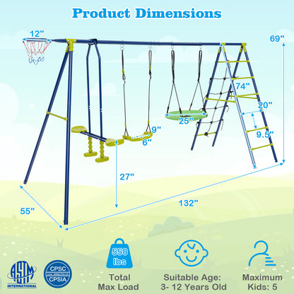 550 LBS 6-in-1 Patio Kids Swing Set with Climbing Net and Ladder