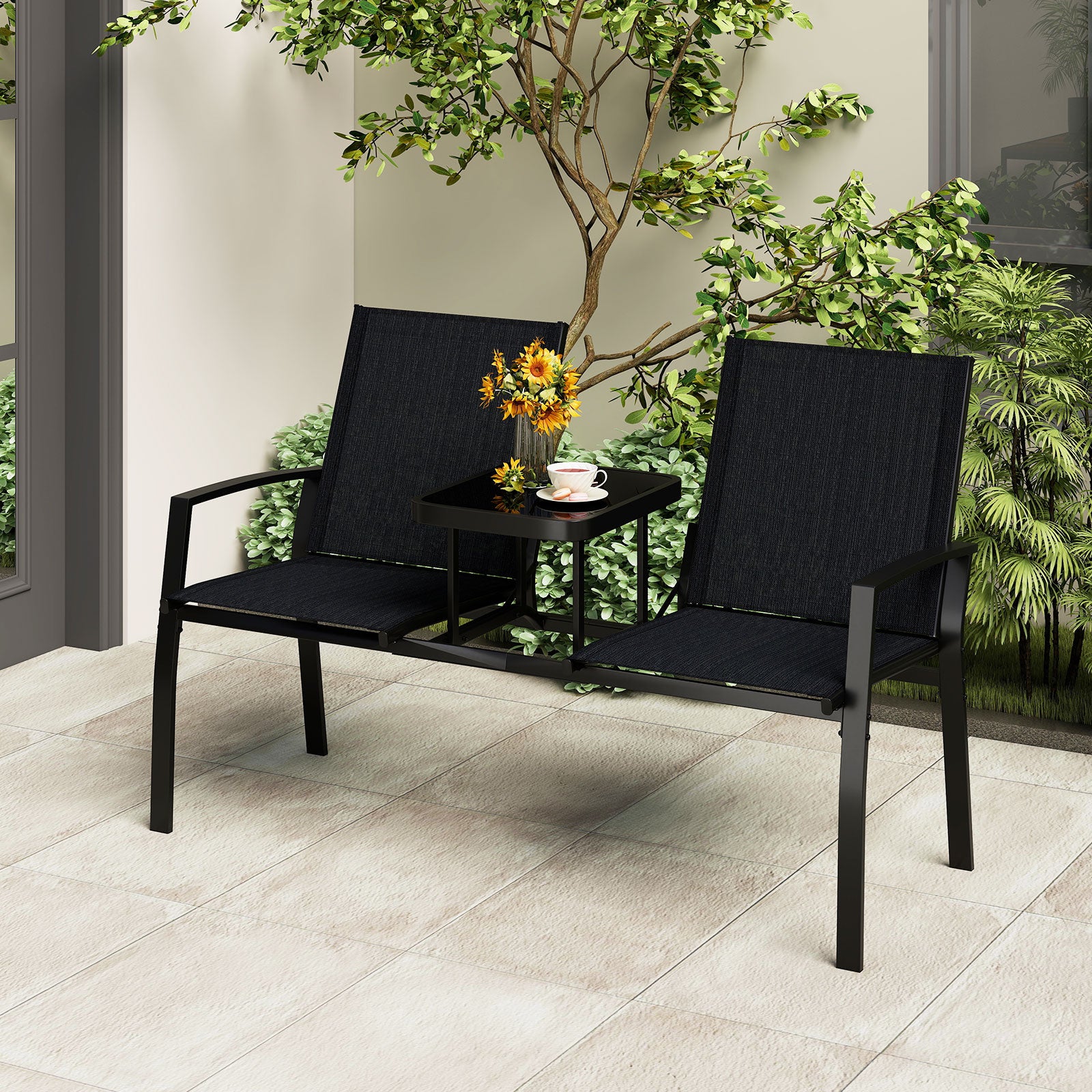 Patio Loveseat with Built-in Table with Breathable Fabric Back-Black