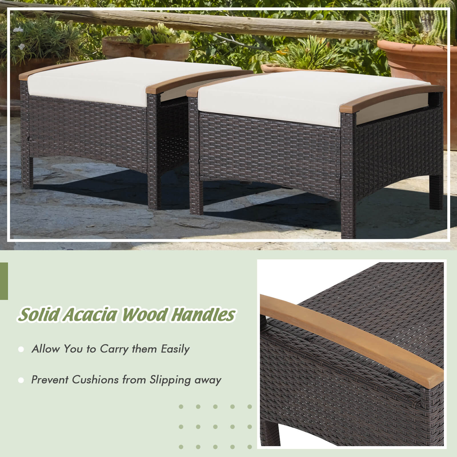 Set of 2 Fade-Resistant Wicker Patio Ottoman-Navy - White