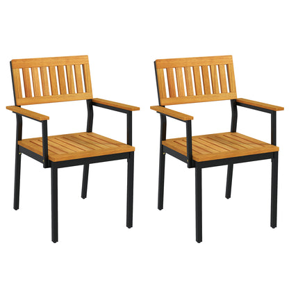 Patio Outdoor Dining Chair Set of 2 with Metal and Acacia Wood Frame