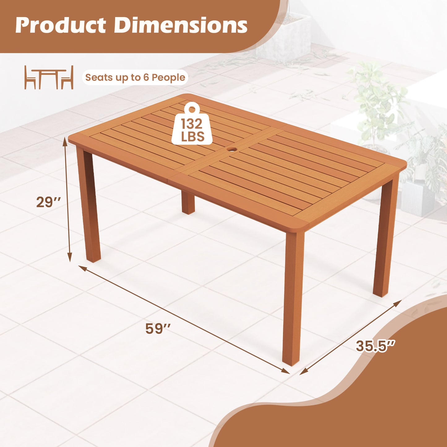 Patio Outdoor Solid Wood Dining Table with Umbrella Hole for 6