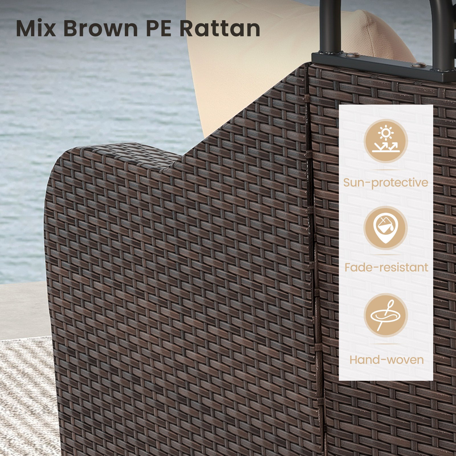 Patio PE Rattan Daybed with Retractable Canopy and Soft Cushions-Beige
