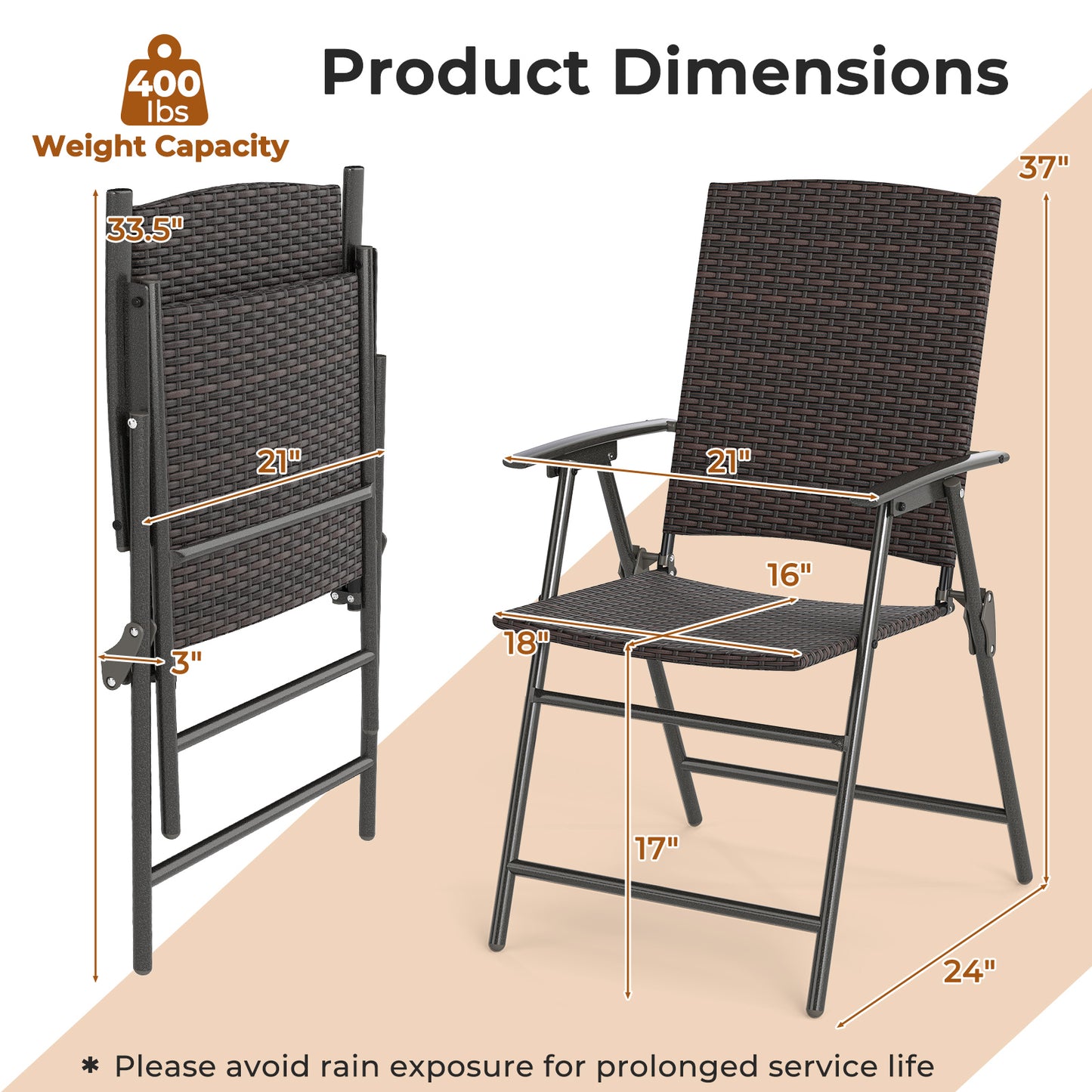 Folding Wicker Patio Dining Chairs with Armrests - Set of 2
