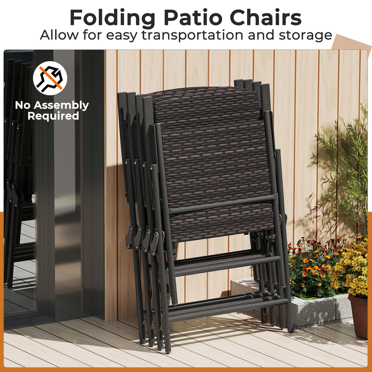 Folding Wicker Patio Dining Chairs with Armrests - Set of 2