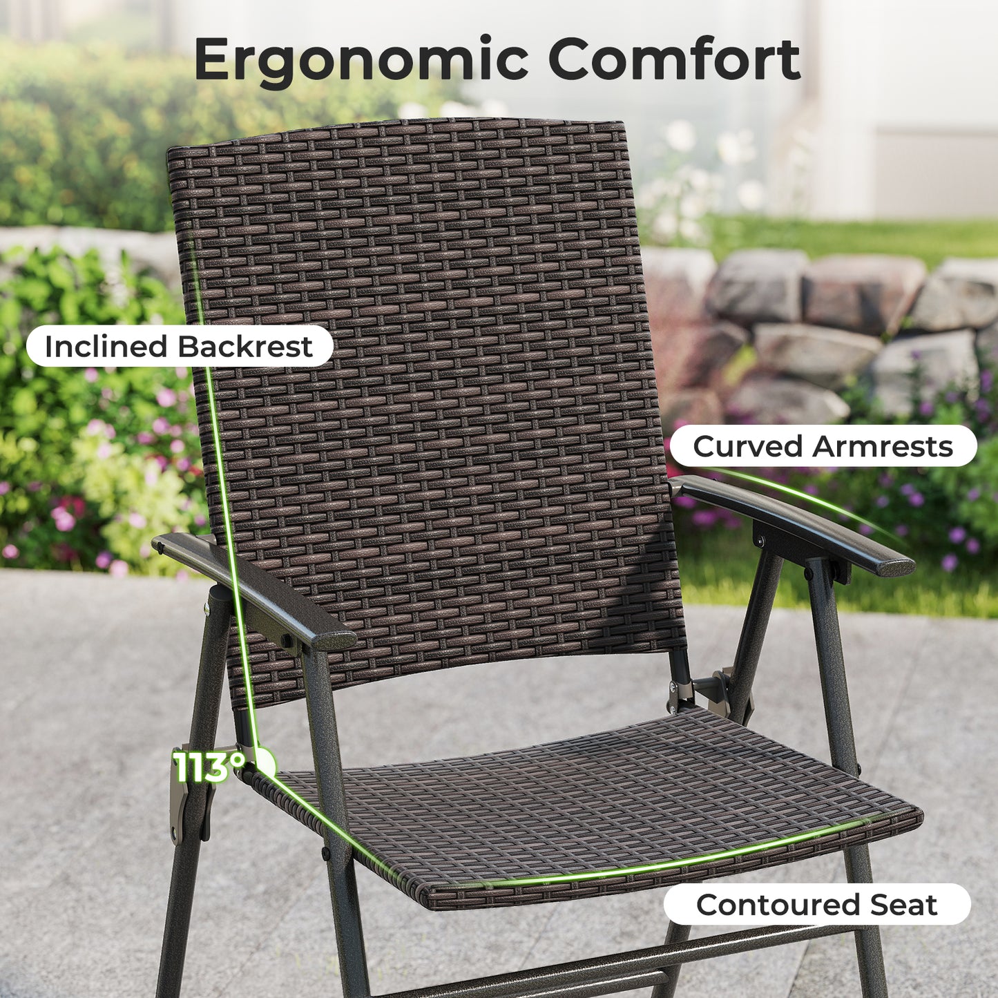 Folding Wicker Patio Dining Chairs with Armrests - Set of 2