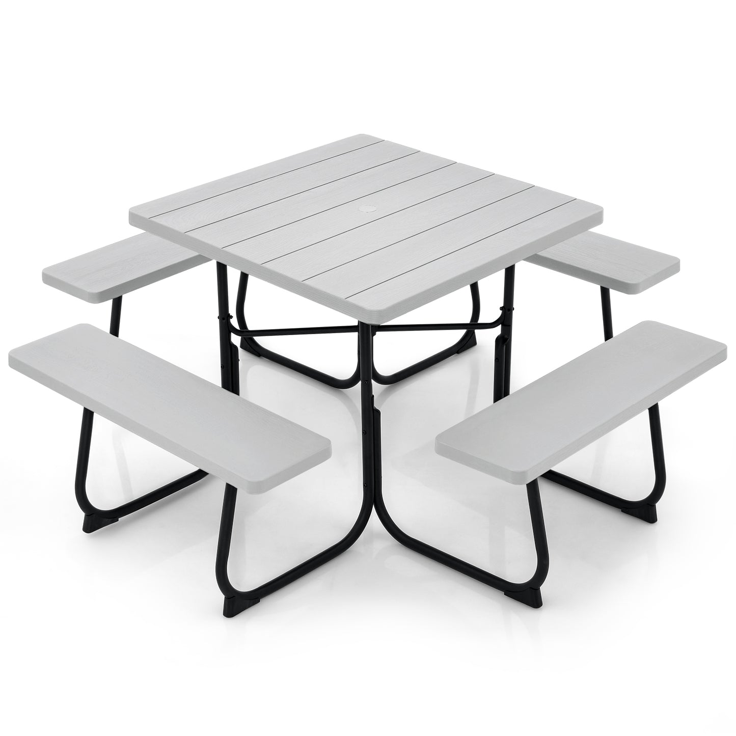 Outdoor Picnic Table with 4 Benches and Umbrella Hole-Black - Gray