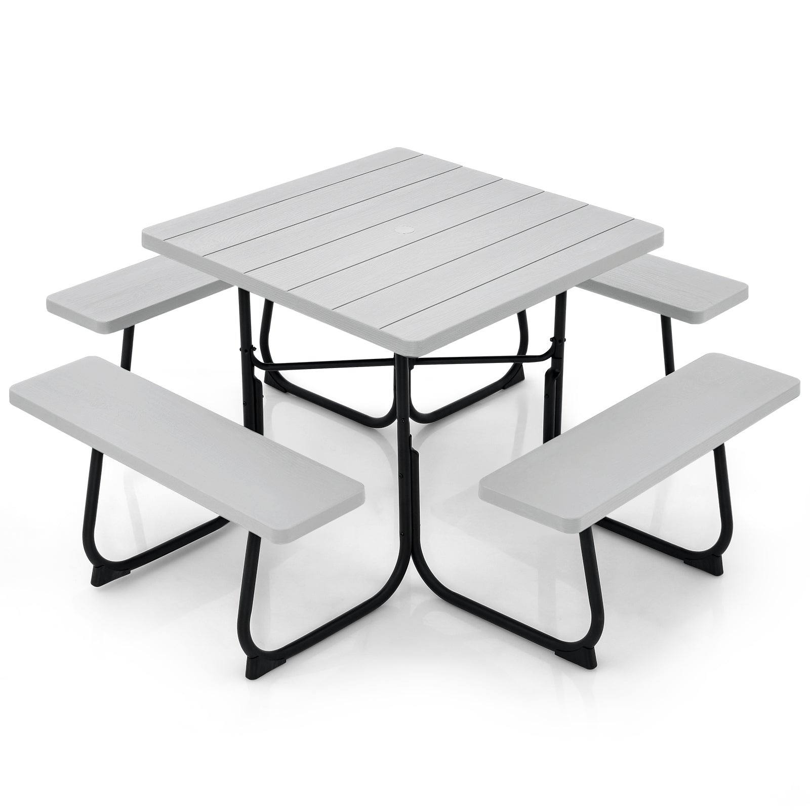 Outdoor Picnic Table with 4 Benches and Umbrella Hole-Black - Gray