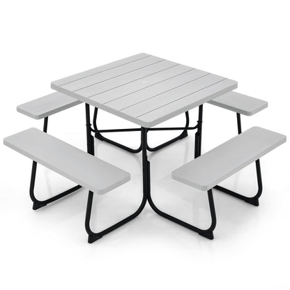 Outdoor Picnic Table with 4 Benches and Umbrella Hole-Black - Gray