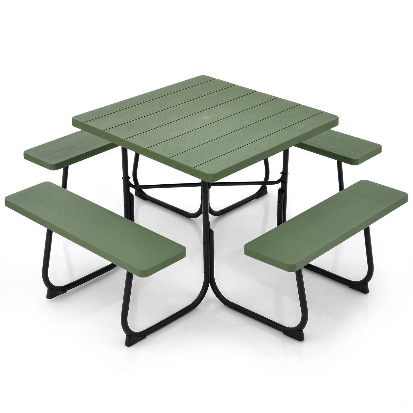 Outdoor Picnic Table with 4 Benches and Umbrella Hole-Black - Green