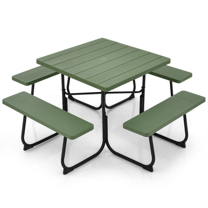 Outdoor Picnic Table with 4 Benches and Umbrella Hole-Black - Green
